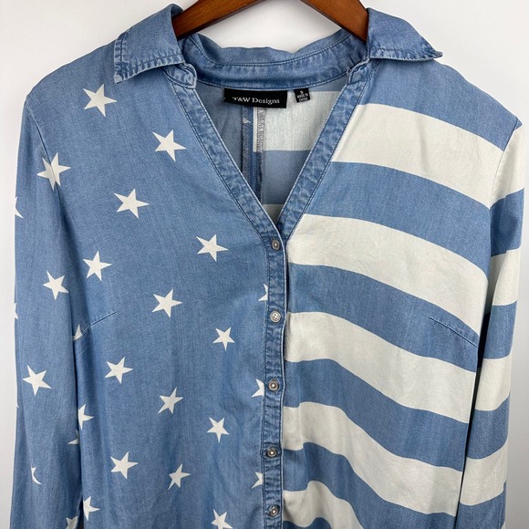 Stars and Stripes T&W Designs Patriotic Flag Womens Denim Style shirt Small - Picture 4 of 13